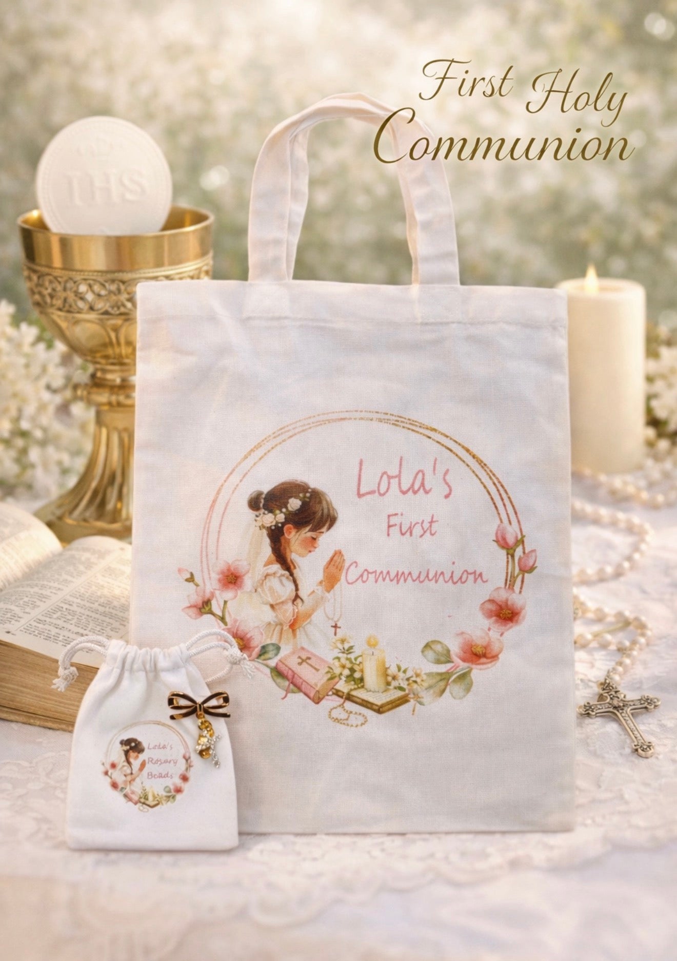 Personalised First Holy Communion rosary bead bag and personalised tote bag