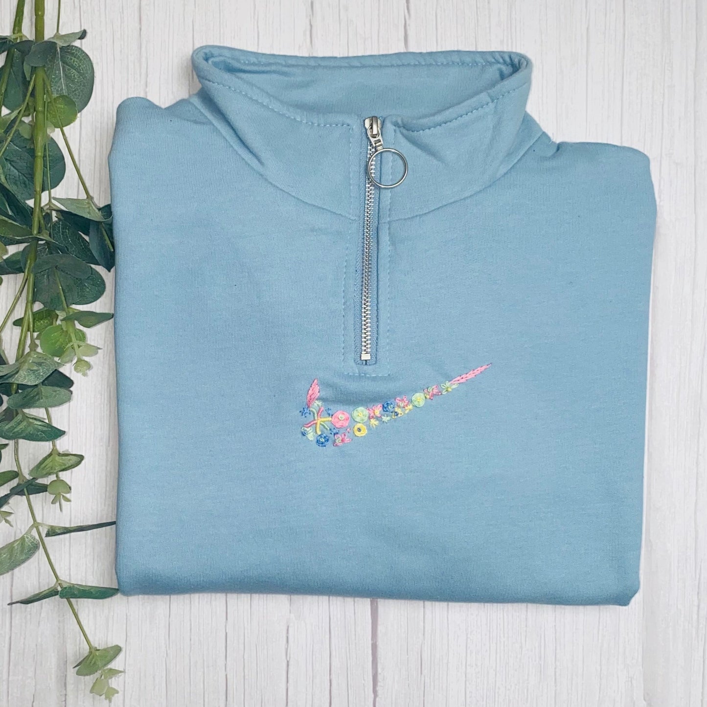Beautiful Adults hand embroidered floral tick 1/2 zip sweatshirt..