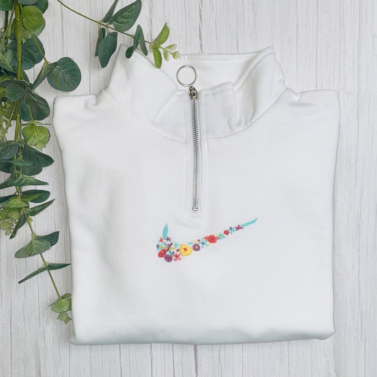 Beautiful Adults hand embroidered floral tick 1/2 zip sweatshirt..